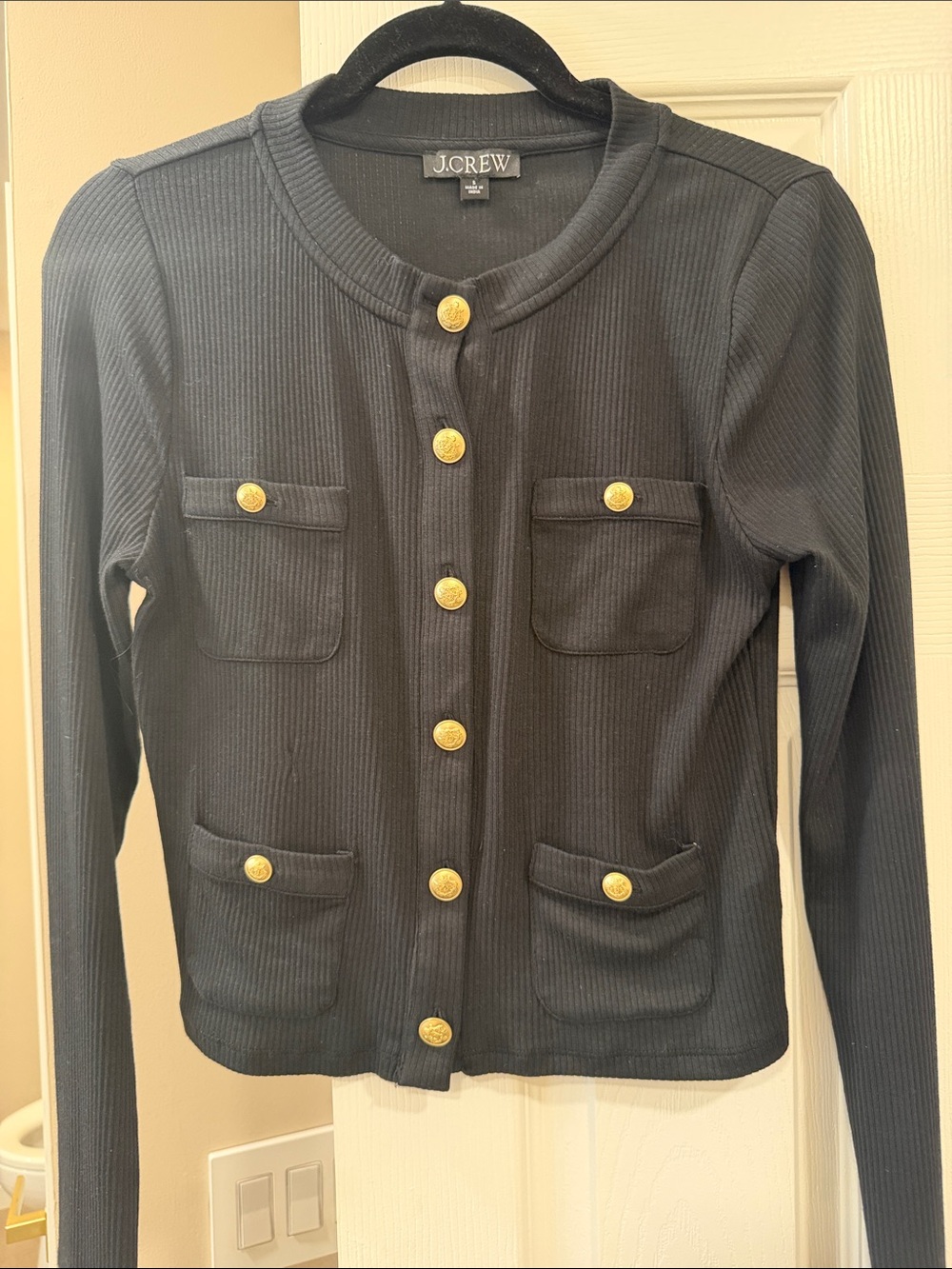 J. Crew Black Ribbed Button-Front Cardigan with Gold Buttons